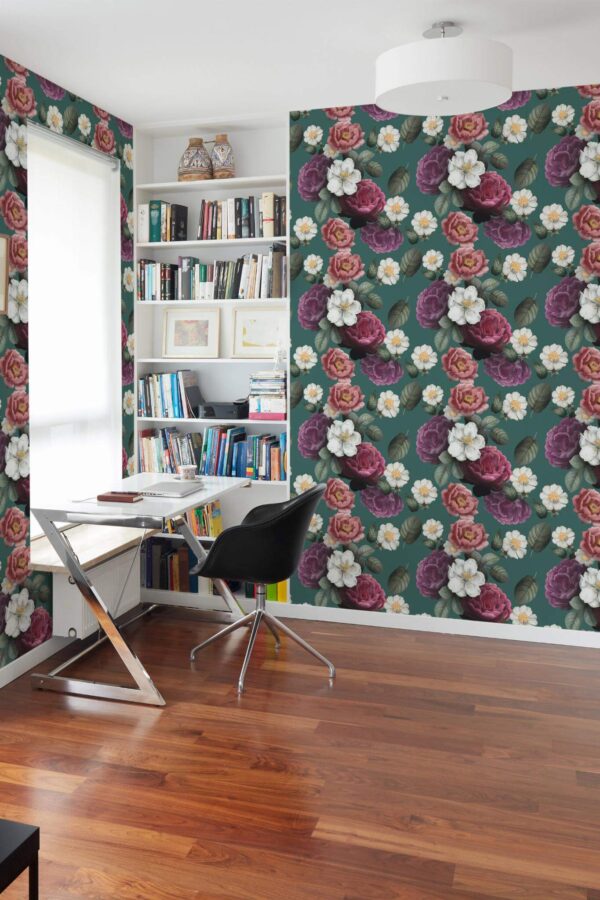 Minimal style home office decorated with Posh flower peel and stick wallpaper