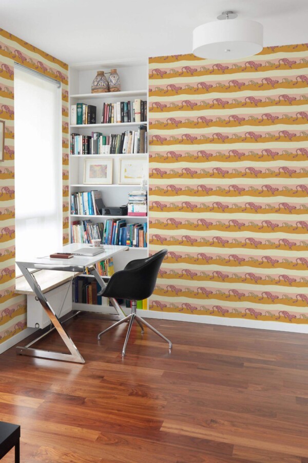 Minimal style home office decorated with Preppy leopard pattern peel and stick wallpaper