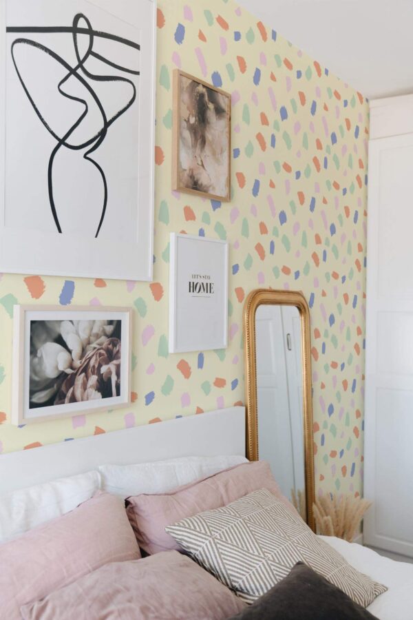 Bohemian style bedroom decorated with Pride Brush stroke peel and stick wallpaper