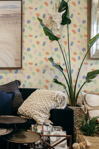 Scandinavian style living room decorated with Pride Brush stroke peel and stick wallpaper