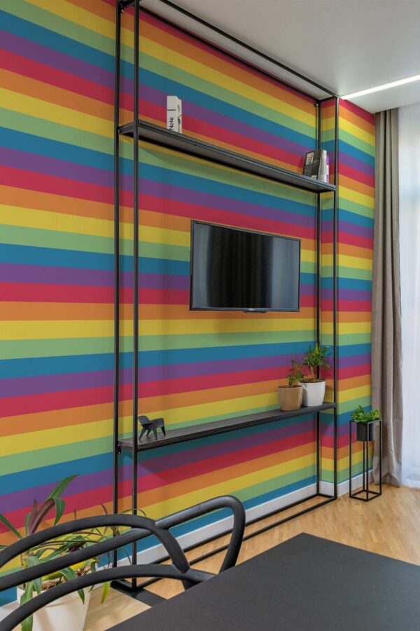 Industrial style living room decorated with Pride flag peel and stick wallpaper
