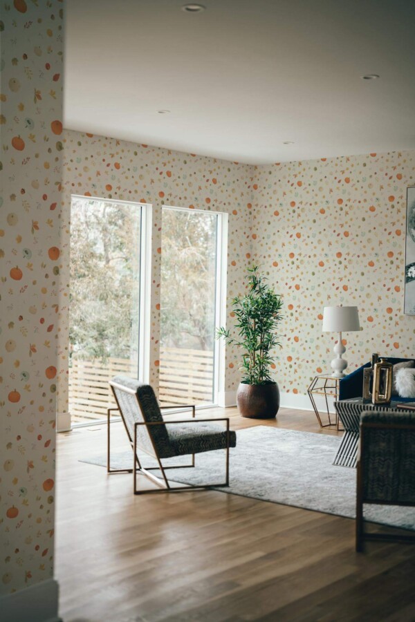 Modern style living room decorated with Pumpkin pattern peel and stick wallpaper