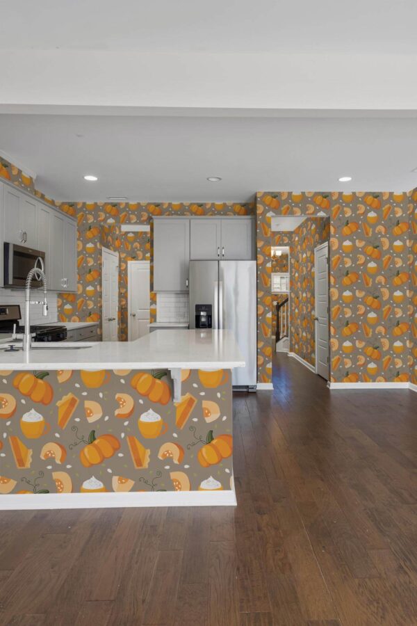 Minimal scandinavian style kitchen decorated with Pumpkin spice autumn peel and stick wallpaper