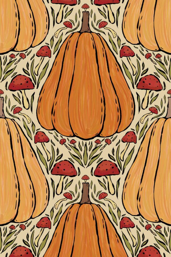 Fancy Walls Pumpkins Mushrooms Orange Simple traditional wallpaper
