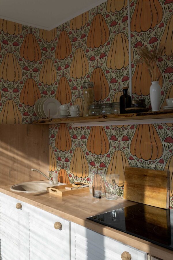 Fancy Walls Pumpkins Mushrooms Orange Simple peel and stick wallpaper