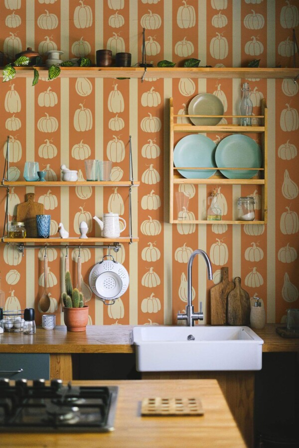 Rustic farmhouse style kitchen decorated with Pumpkins peel and stick wallpaper