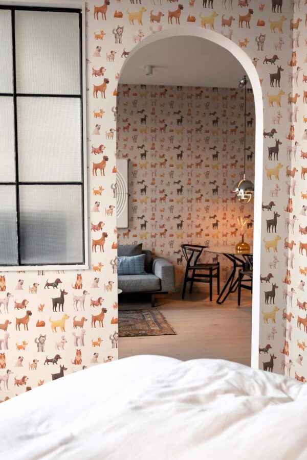 Modern scandinavian style living room decorated with Puppy breed peel and stick wallpaper