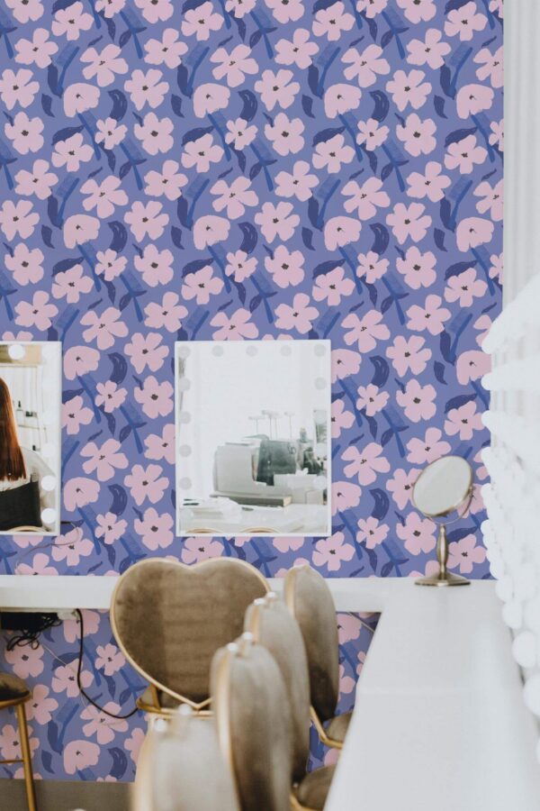 Boho style beauty salon decorated with Purple floral hairdresser peel and stick wallpaper