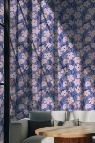 Scandinavian style living room decorated with Purple floral hairdresser peel and stick wallpaper