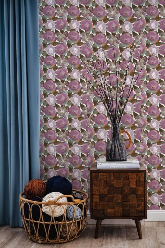Coastal style living room decorated with Purple floral peel and stick wallpaper