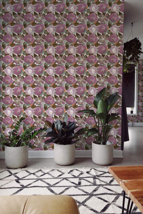 Scandinavian style living room decorated with Purple floral peel and stick wallpaper
