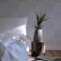 Minimal scandinavian style bedroom decorated with Purple marble peel and stick wallpaper