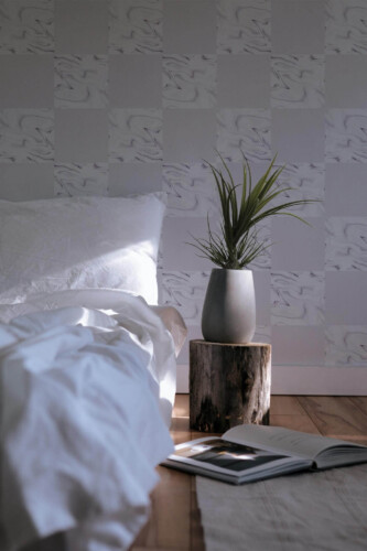 Minimal scandinavian style bedroom decorated with Purple marble peel and stick wallpaper