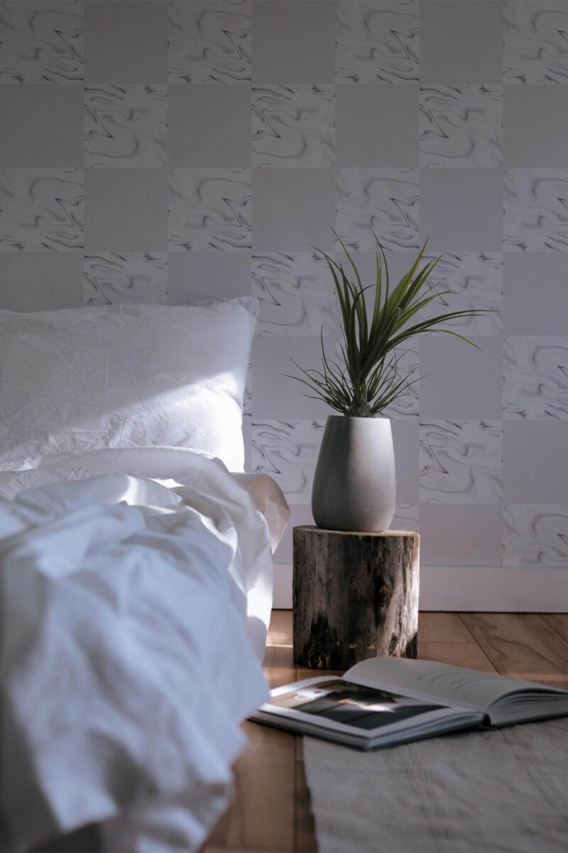 Minimal scandinavian style bedroom decorated with Purple marble peel and stick wallpaper