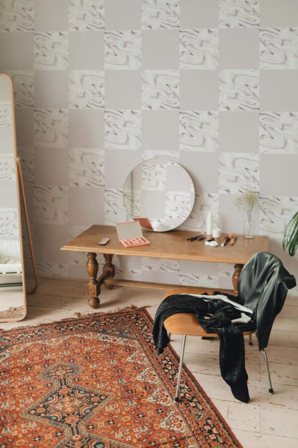 Rustic eclectic style powder room decorated with Purple marble peel and stick wallpaper