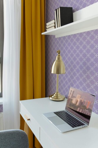 Scandinavian style home office decorated with Purple powder room peel and stick wallpaper