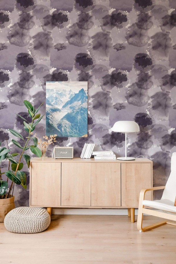 Scandinavian style living room decorated with Purple watercolor peel and stick wallpaper