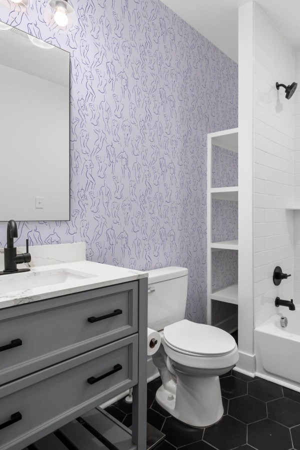 Scandinavian style bathroom decorated with Quirky bathroom peel and stick wallpaper