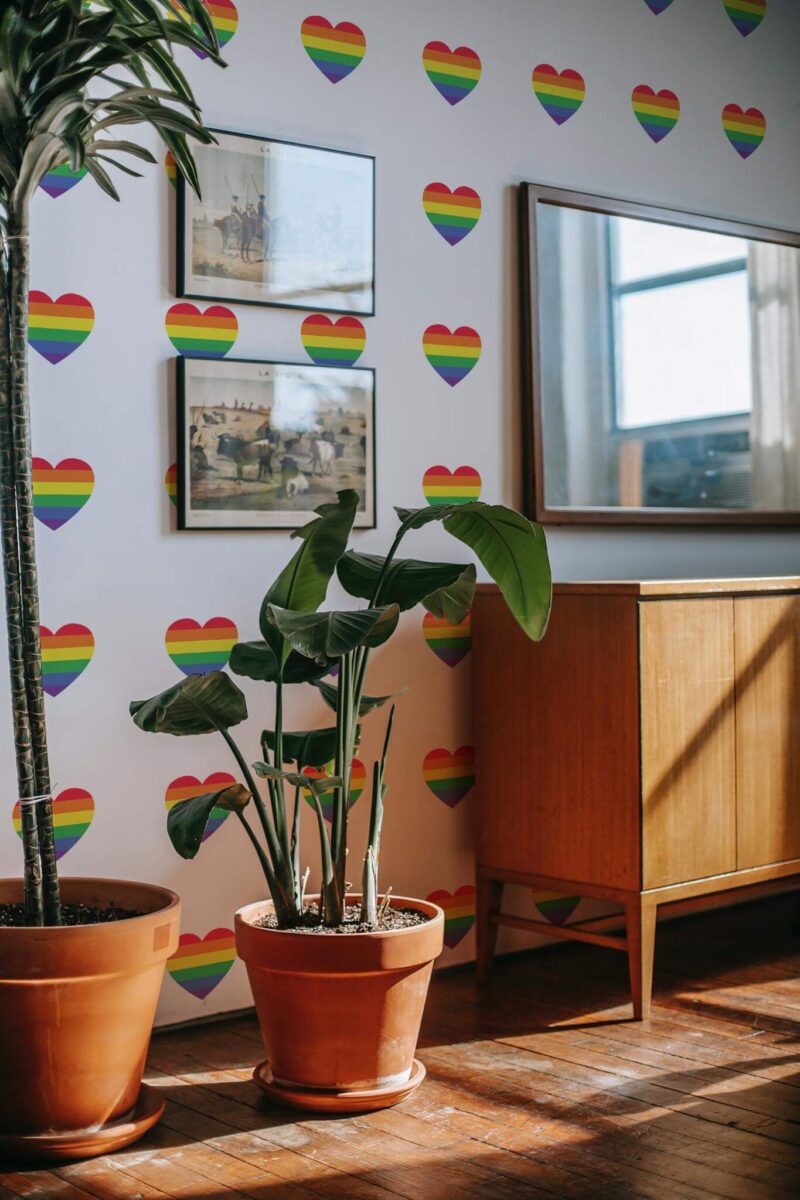 Mid-century modern style living room decorated with Rainbow hearts peel and stick wallpaper