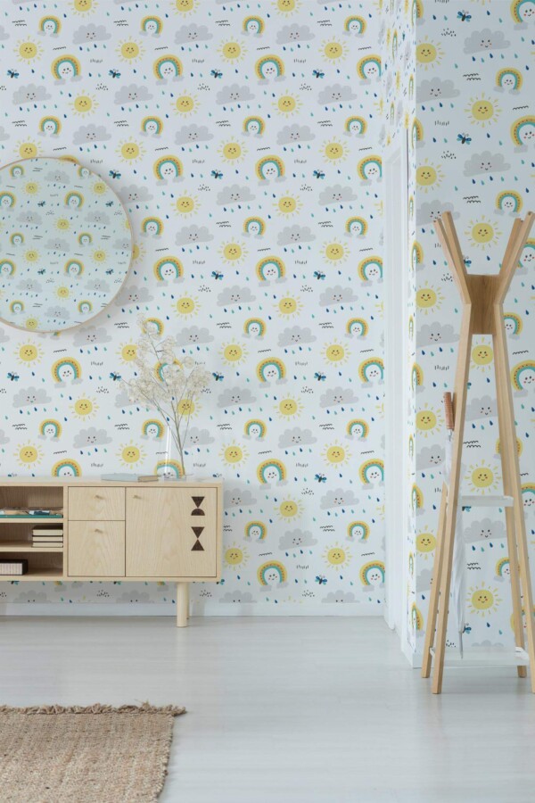 Minimal style entryway decorated with Rainbow nursery peel and stick wallpaper