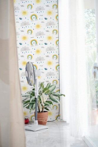 Minimal style living room decorated with Rainbow nursery peel and stick wallpaper