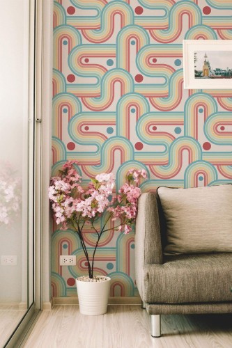 Modern farmhouse style living room decorated with Rainbow peel and stick wallpaper