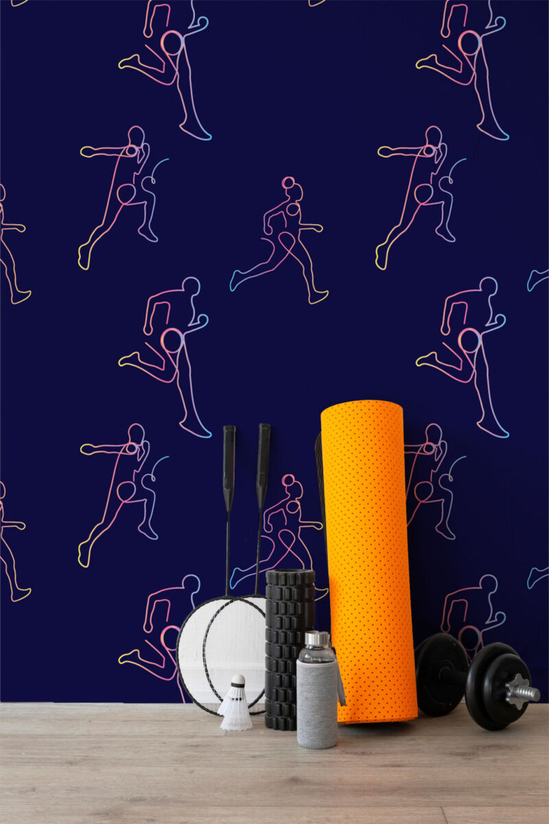 Running Silhouettes Wall Mural with rainbow-colored athlete silhouettes in line art on a navy blue background, ideal for gyms, fitness studios, and wellness spaces.