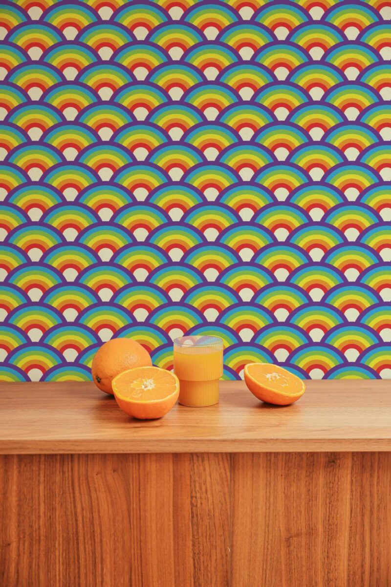 Mid-century style living room decorated with Rainbow spears peel and stick wallpaper