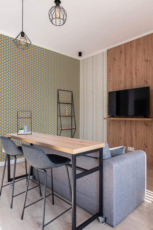 Scandinavian style open living room decorated with Rainbow spears peel and stick wallpaper