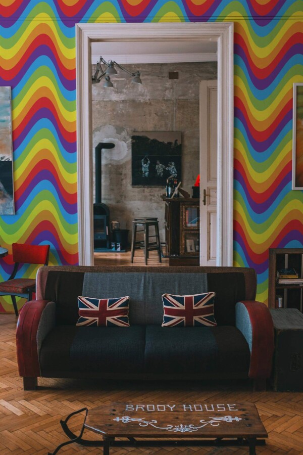 Industrial rustic style living dining room decorated with Rainbow wave peel and stick wallpaper