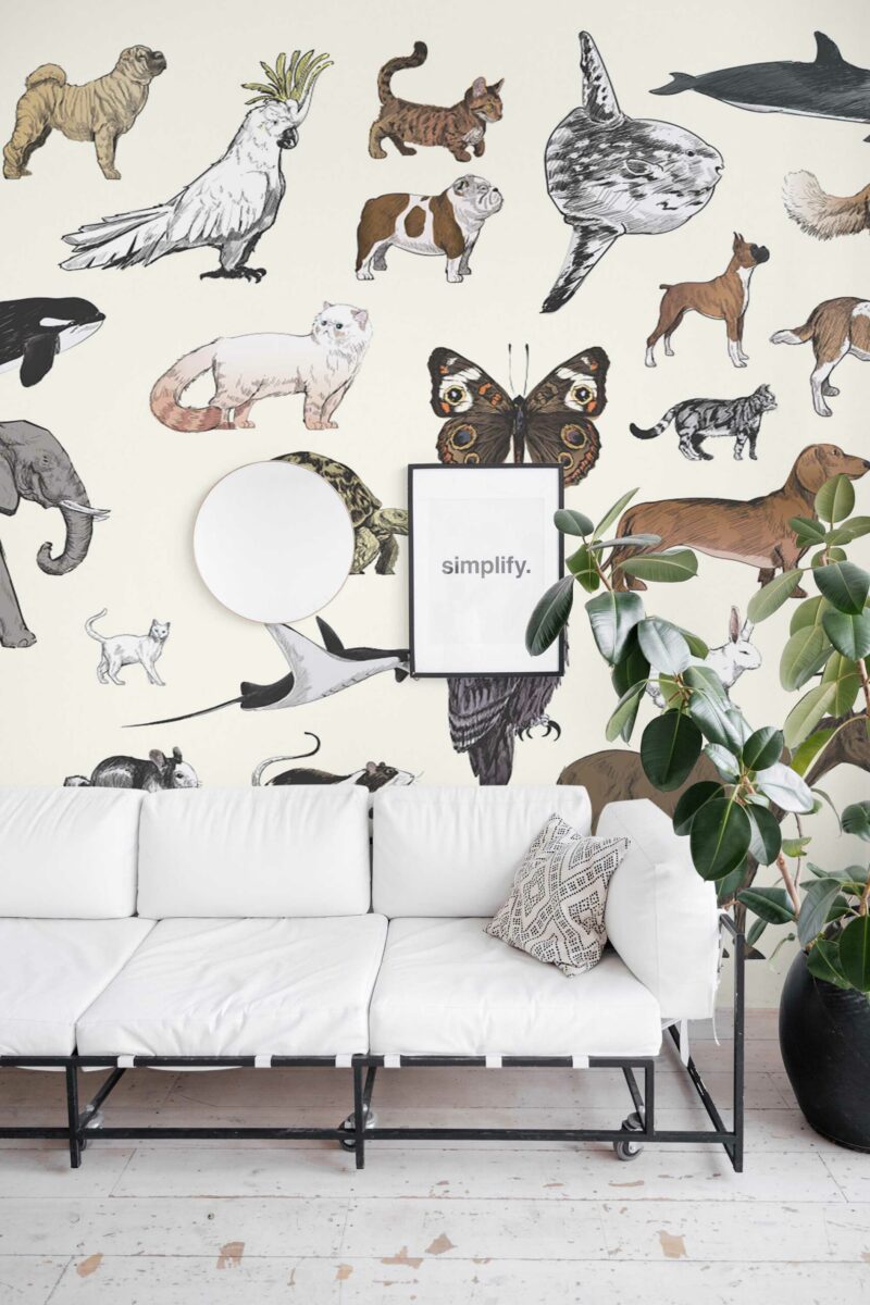 Vibrant Fauna peel and stick or non-pasted wall mural. Retro animal accent wall mural with earth tones and cream illustrations.