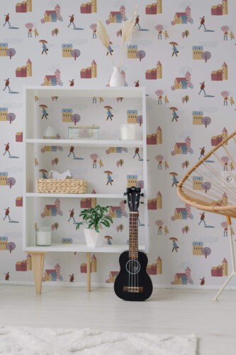 Minimal boho style living room decorated with Rainy day peel and stick wallpaper