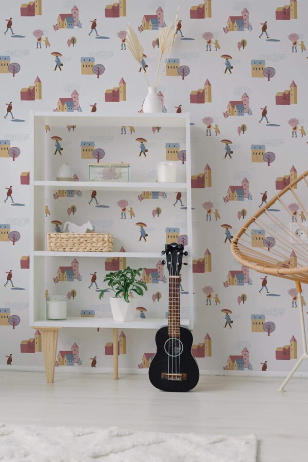 Minimal boho style living room decorated with Rainy day peel and stick wallpaper