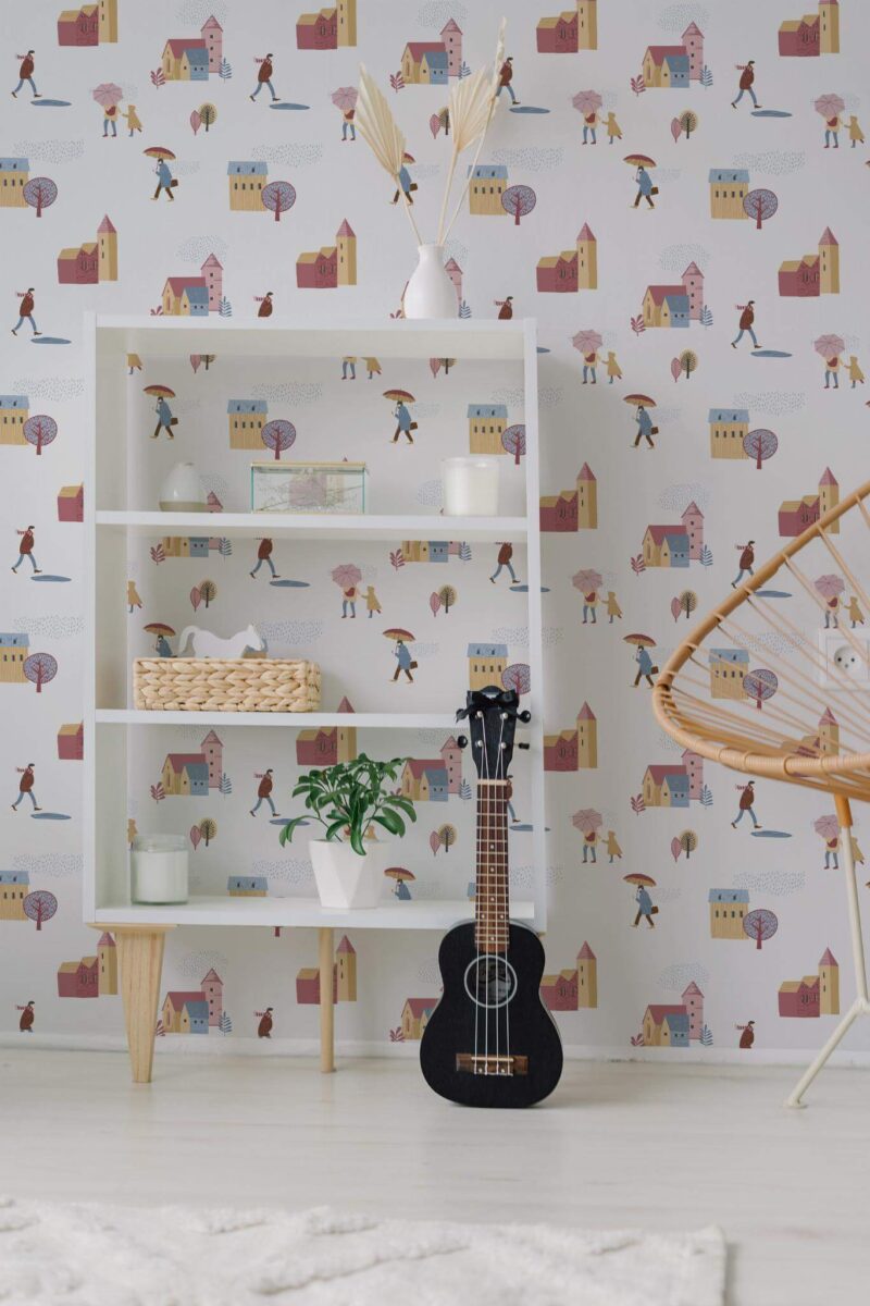 Minimal boho style living room decorated with Rainy day peel and stick wallpaper