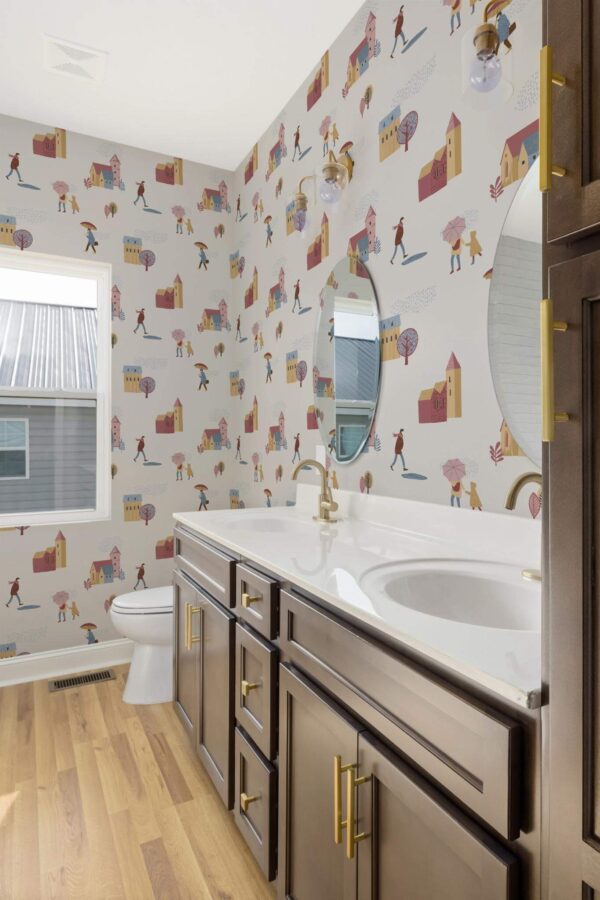 Modern rustic style powder room decorated with Rainy day peel and stick wallpaper