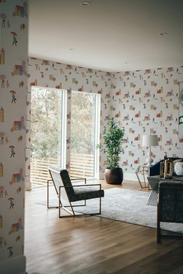 Modern style living room decorated with Rainy day peel and stick wallpaper