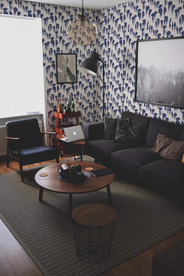 Modern dark industrial style living room decorated with Rainy town peel and stick wallpaper