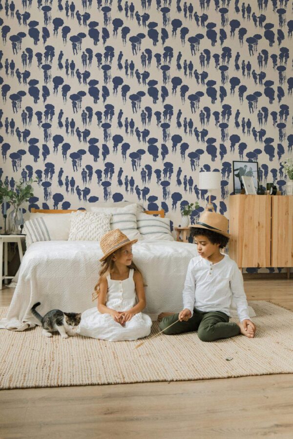 Scandinavian style bedroom decorated with Rainy town peel and stick wallpaper
