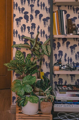 Southwestern style living room decorated with Rainy town peel and stick wallpaper