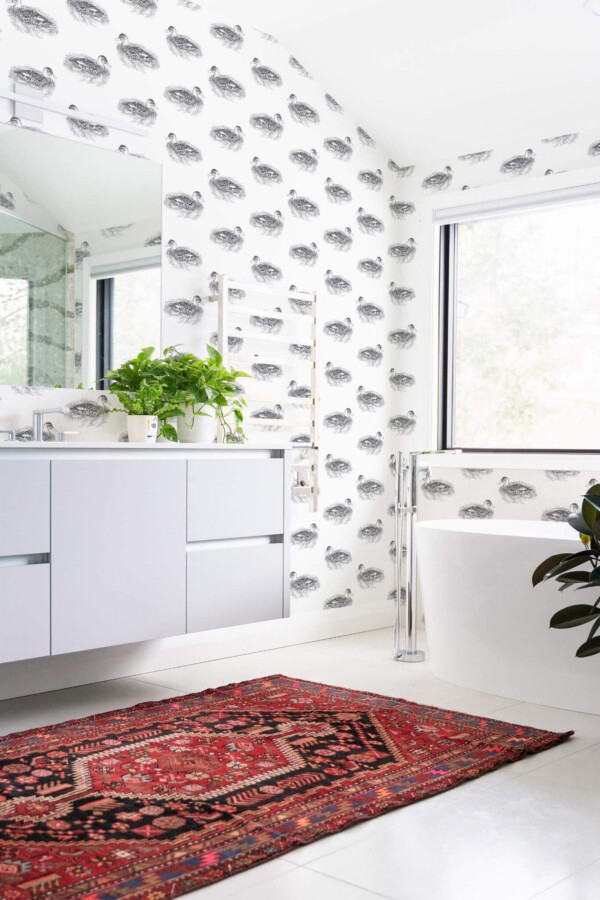 Boho style bathroom decorated with Realistic ducks peel and stick wallpaper