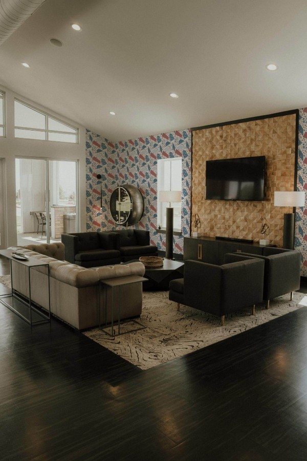 Hollywood glam style living room decorated with Red and blue terrazzo peel and stick wallpaper