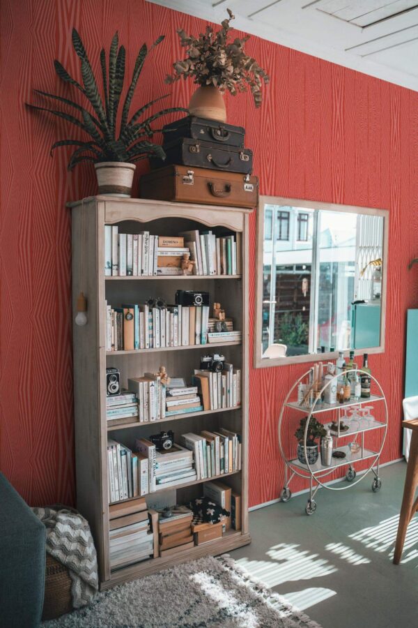 Farmhouse style living room decorated with Red and pink geometry peel and stick wallpaper