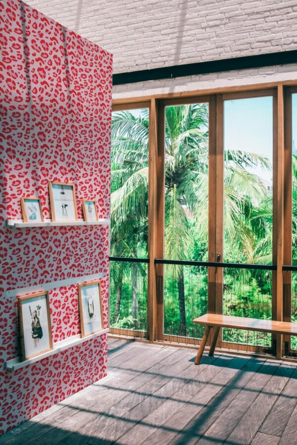 Coastal style living room decorated with Red and pink leopard pattern peel and stick wallpaper