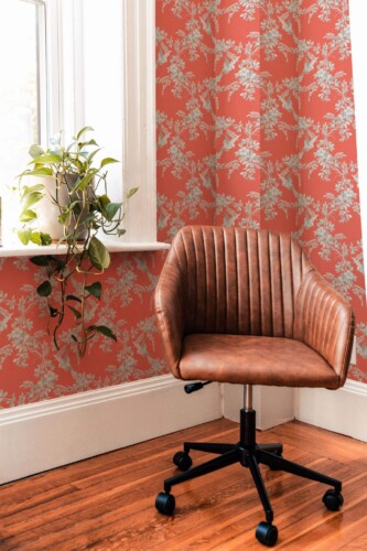 Mid-century modern style living room decorated with Red bird peel and stick wallpaper