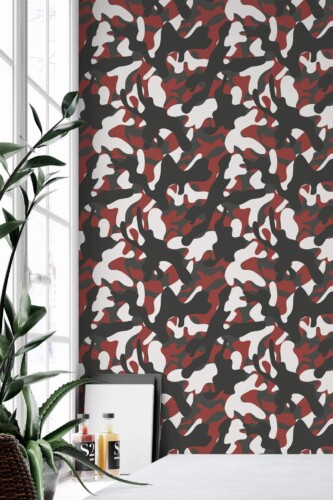 Minimal style home office decorated with Red camouflage peel and stick wallpaper