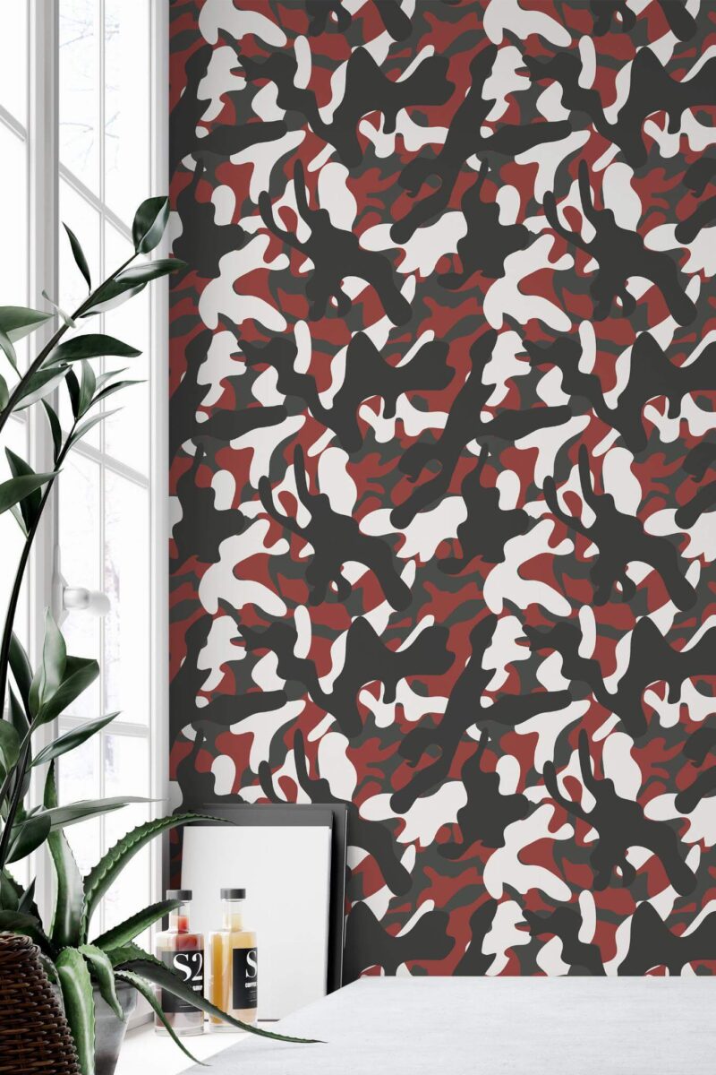 Minimal style home office decorated with Red camouflage peel and stick wallpaper