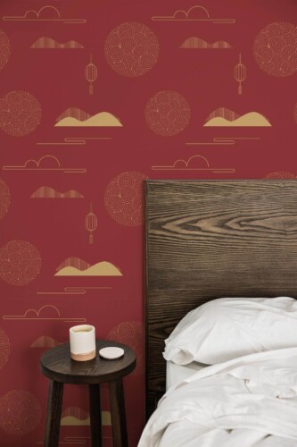 Farmhouse style bedroom decorated with Red china paterrn peel and stick wallpaper