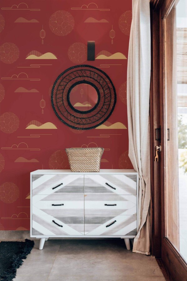 Modern farmhouse style living room decorated with Red china paterrn peel and stick wallpaper