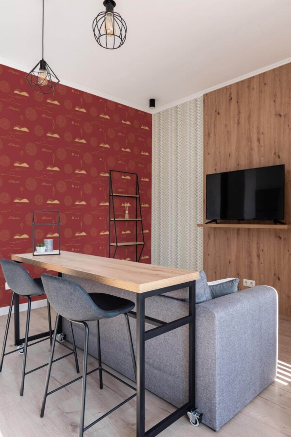 Scandinavian style open living room decorated with Red china paterrn peel and stick wallpaper