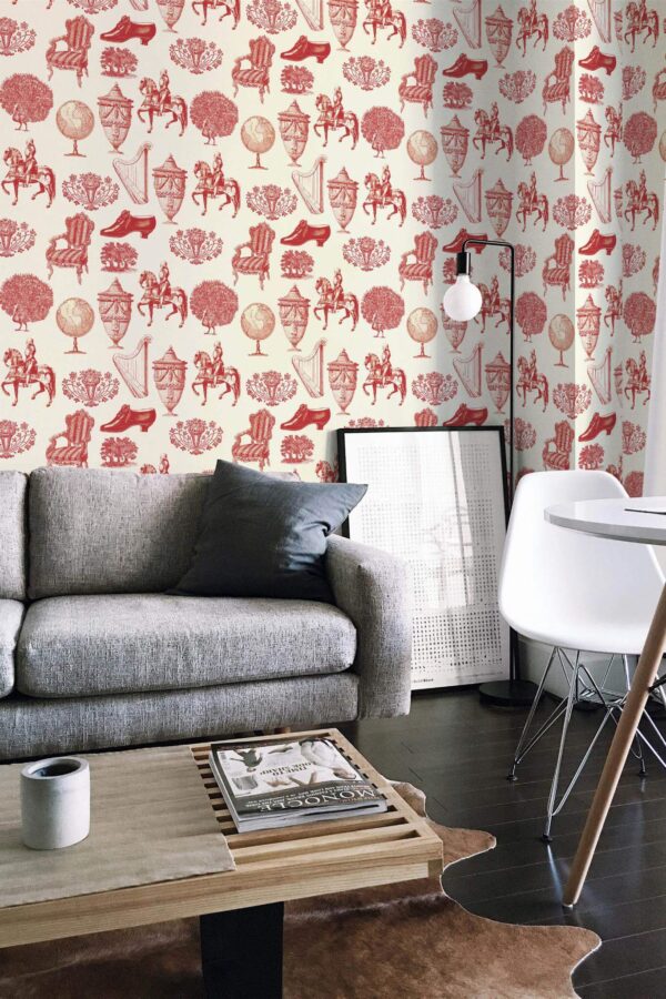 Industrial scandinavian style living room decorated with Red Cream Vintage peel and stick wallpaper